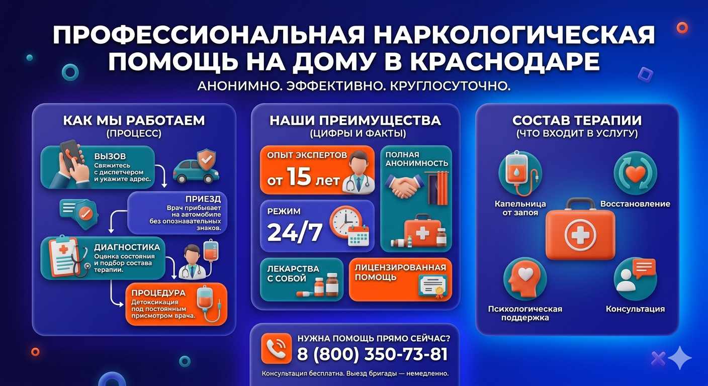 Инфографика о принципах лечения алкоголизма на дому в Донецке: этапы вызова нарколога, преимущества анонимной детоксикации и состав медицинской помощи.